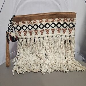 LOVESTITCH Artisan Boho Fringe Large Wristlet Cream and Brown Aztec Design